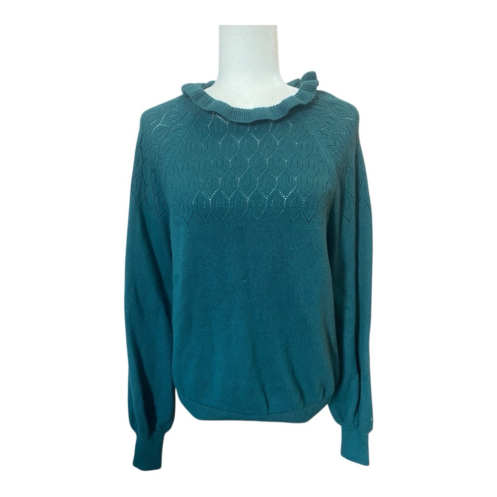 Boden Womens Modern Pointelle Ruffle Sweater Size Large Teal Preppy Cottage